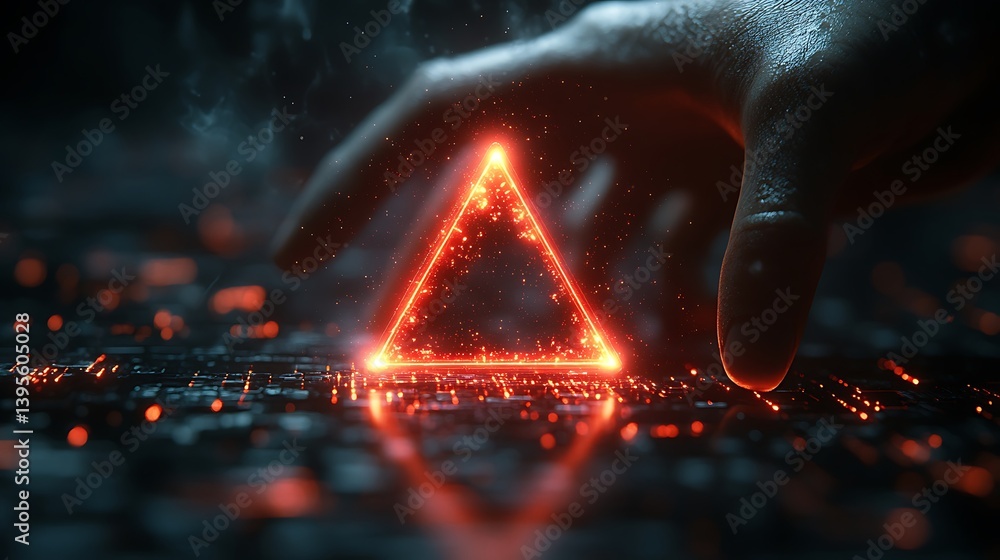 Poster glowing triangle with hand touching futuristic surface, representing innovation and cutting-edge tec