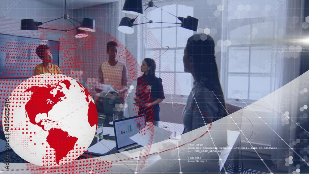 Aufkleber business team collaborating in office with digital globe and data overlay animation