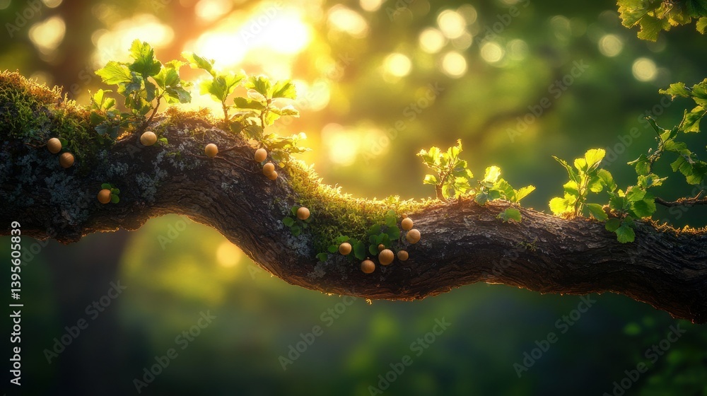 Poster sunlight filtering through trees, illuminating a mossy branch with new growth