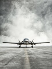 Fototapeta premium Small plane on runway, dramatic sky