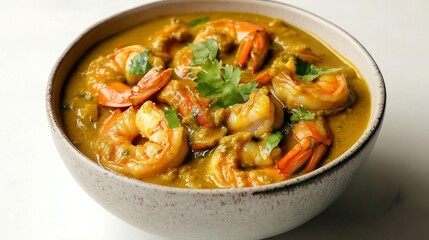 Fototapeta premium Bowl of prawn curry with rich coconut gravy presented beautifully on a clean white surface