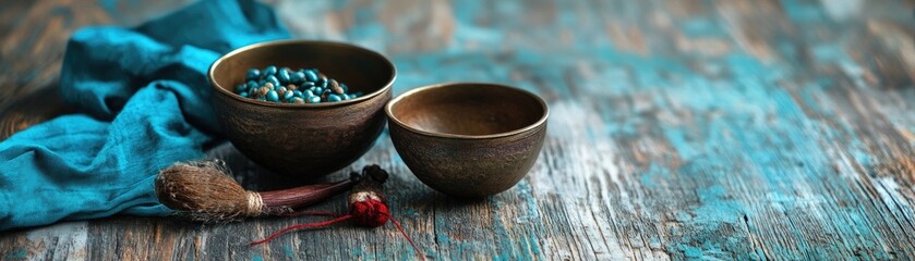 Teal Bowls and Beads on a Wooden Surface