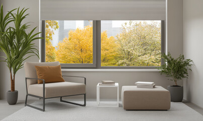 Fototapeta premium Cozy living room with modern furniture and autumn view through large window