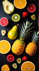 An Assortment of Freshly Cut Tropical and Seasonal Fruits Arranged on a Dark Surface Displaying Vivid Colors and Textural Details.