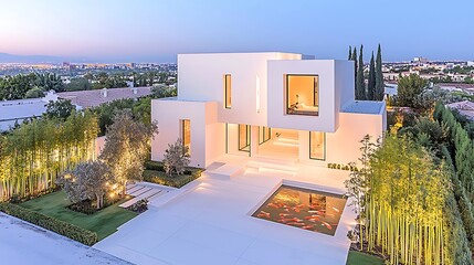 Modern house with koi pond, and sunset view.