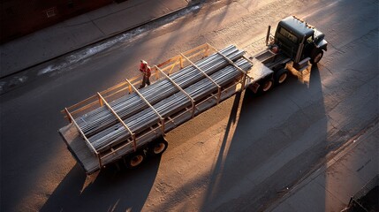 Industrial Logistics Flatbed Truck with Metal Pipes in Urban Construction Site - Daylight Overview