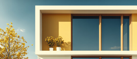 Modern architecture with bright windows and potted flowers on a sunny day in an urban setting