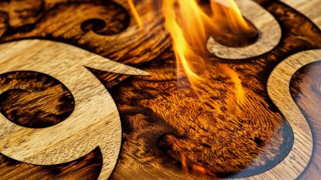 Intricate wood inlay with fire