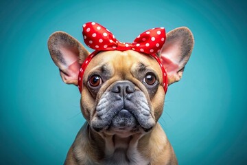 Cute French Bulldog in Heart Hairband, Valentine's Day, Blue Background