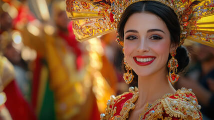 Fototapeta premium A smiling young woman in a vibrant red and gold costume with an ornate headdress participates in a lively festive parade showcasing traditional cultural attire and joyful