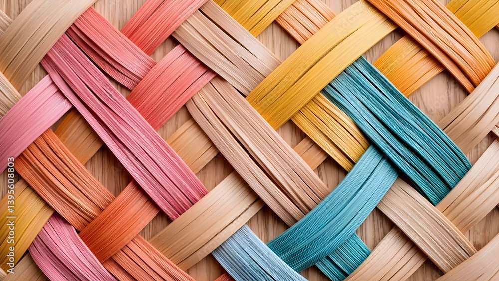 Poster a colorful woven pattern made of flat strips in various shades, creating an intricate and textured d