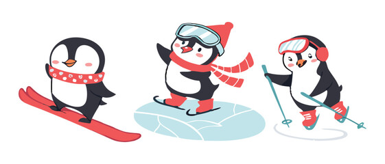 Cute Cartoon Penguin Collection – Winter Holiday, Snow Fun, and Summer Beach Clipart Set for Kids Designs and Seasonal Decorations.