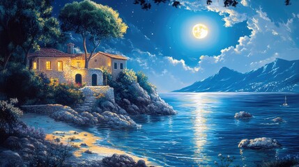 Serene Sea Under the Moonlight, Reflecting Soft Light on Calm Waters