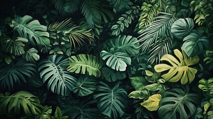 Naklejka premium Lush Rainforest Canopy: A Botanical Tapestry of Monstera and Palm Leaves