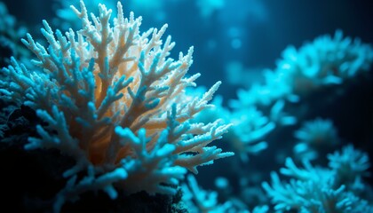 Fototapeta premium A strange, glowing creature with shimmering, crystal-like patterns on its translucent body floats in an otherworldly city. The environment is dim and bathed in a soft, internal light emanating from th