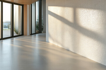 Fototapeta premium Bright sunlight streams through large windows onto a modern interior space with textured walls