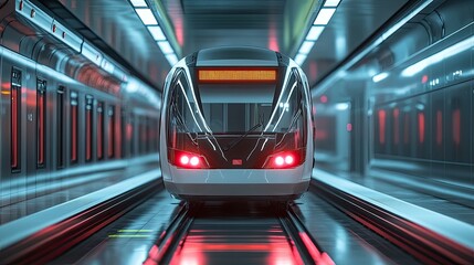 A modern train approaching within a futuristic tunnel environment
