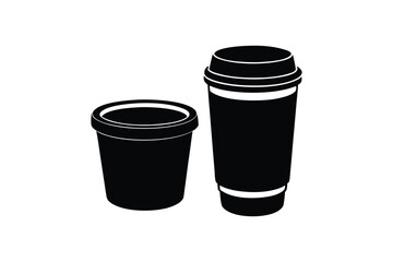 Silhouette art design of a takeaway coffee cup with a secure lid and next to a reusable ceramic coffee mug.eps