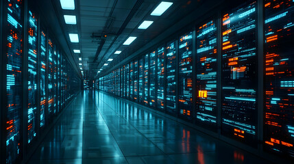 Futuristic Server Room Corridor With Glowing Panels