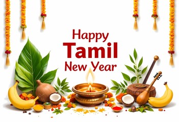 Tamil New Year celebration image featuring traditional kuthuvilakku, banana leaves, fruits, and festive items on a white background. Created with Generative AI technology.