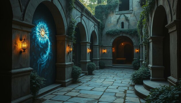 Worn slate walls with iridescent symbols in a moonlit courtyard surrounded by arches and vines.