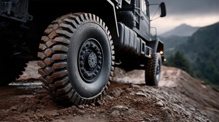 Closeup of Mudsplattered Tire on Off-Road Vehicle in Mountain Terrain - High-Res Adventure Photography