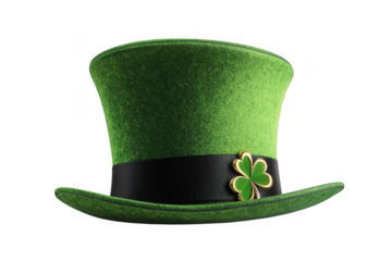 A green leprechaun hat with a shamrock on a dark presentation on transparent background