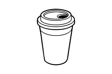 Line art design of a to-go coffee cup with a plastic lid and sleeve.eps