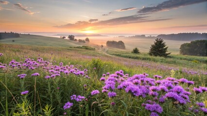 Obraz premium Purple wildflowers blooming at sunrise