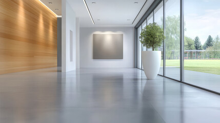 Obraz premium Modern interior design featuring large windows and minimalist decor in daytime