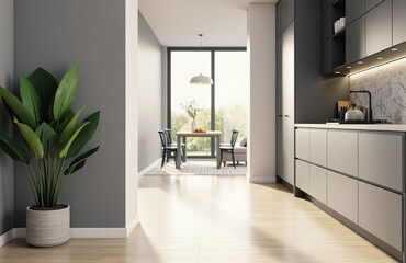 Fototapeta premium Minimalist living space with a gray wall, natural wood floor, and green plant.