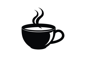 Silhouette art design of a large coffee mug filled to the brim with bold steam lines curling above.eps