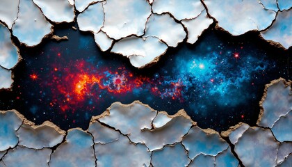 Delicate curls of iridescent mother-of-pearl enamel flakes reveal a cosmic tapestry on a cracked canvas surface.