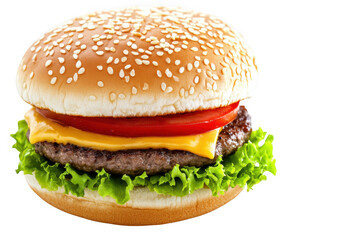 A close up of a burger with lettuce tomato and cheese filling on transparent background