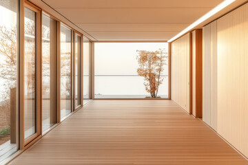 Fototapeta premium Modern interior design showcasing a serene space with panoramic views at sunset