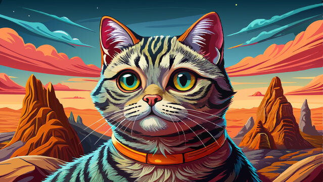Funny cat portrait on mysterious land under a strange colored sky, animal pet banner