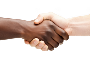 A handshake between two hands with different skin complexion tone on transparent background