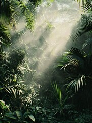 Naklejka premium Lush Rainforest Canopy with Misty Sunlight: A Tropical Paradise