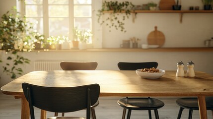 Sunny, modern dining area.  Sunlight streams through a window illuminating a wooden table, chairs, and a bowl of nuts on the table.  Plants and open shelving are visible