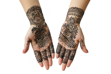 Decorated hands with intricate henna designs against dark space on transparent background