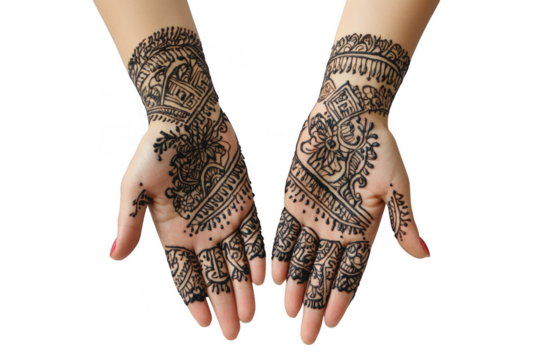 Decorated hands with intricate henna designs against dark space on transparent background