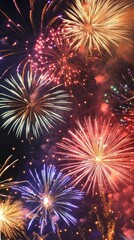 Naklejka premium Colorful fireworks explode in the night sky creating a vibrant festive display.