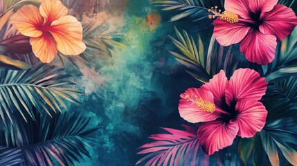Vibrant tropical hibiscus flowers and palm leaves artfully arranged on a textured background.