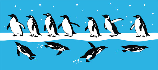Penguin Vector Collection &ndash; Stylized Emperor Penguins Walking, Swimming, and Grouped in Arctic Wildlife Scene.