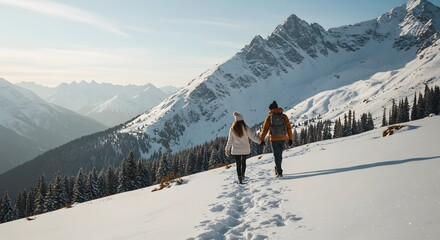 The adventurous couple explores snowy trails surrounded by majestic alpine peaks.