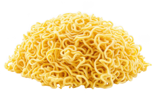 Close up shot showing pile of cooked yellow noodles on dark field on transparent background