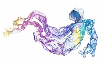 Obraz premium A vibrant, flowing hoodie made of colorful fabric, elegantly swirling in the air against a white background