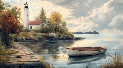 Serene Coastal Scene with Lighthouse, Island, and Moored Boat