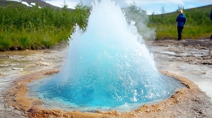 Fototapeta premium Majestic Blue Geyser Erupting Amidst Lush Green Landscape in Iceland