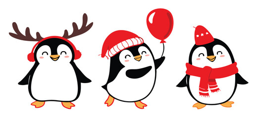 Cute Cartoon Penguin Collection – Winter Holiday, Snow Fun, and Summer Beach Clipart Set for Kids Designs and Seasonal Decorations.